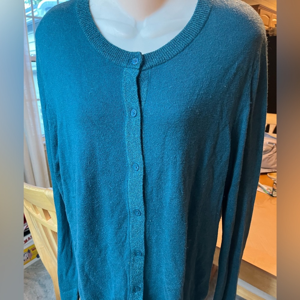Apostrophe Teal Blue Button-Up Cardigan Sweater with Metallic Trim L